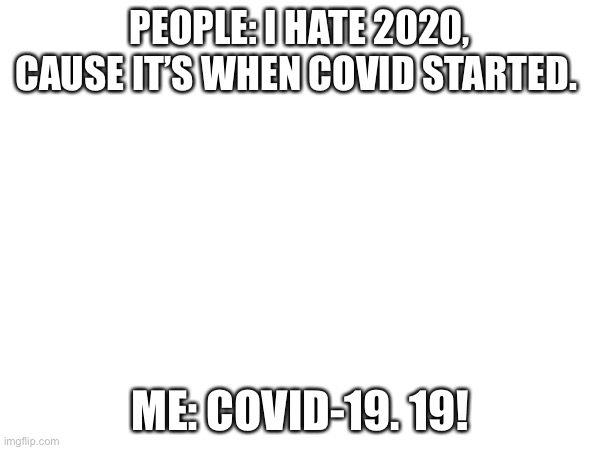 PEOPLE: I HATE 2020, CAUSE IT’S WHEN COVID STARTED. ME: COVID-19. 19! | made w/ Imgflip meme maker