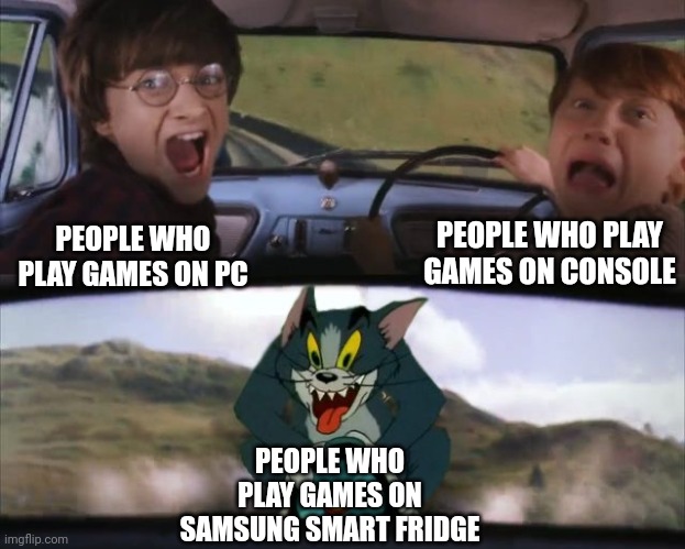 tom chasing harry and ron weasly | PEOPLE WHO PLAY GAMES ON CONSOLE; PEOPLE WHO PLAY GAMES ON PC; PEOPLE WHO PLAY GAMES ON SAMSUNG SMART FRIDGE | image tagged in tom chasing harry and ron weasly,memes,fun,gaming | made w/ Imgflip meme maker