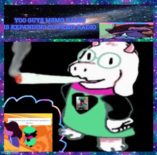 YOO GUYS MSMG RADIO IS EXPANDING TO PKMG RADIO | image tagged in neon-ralsei announcement template | made w/ Imgflip meme maker