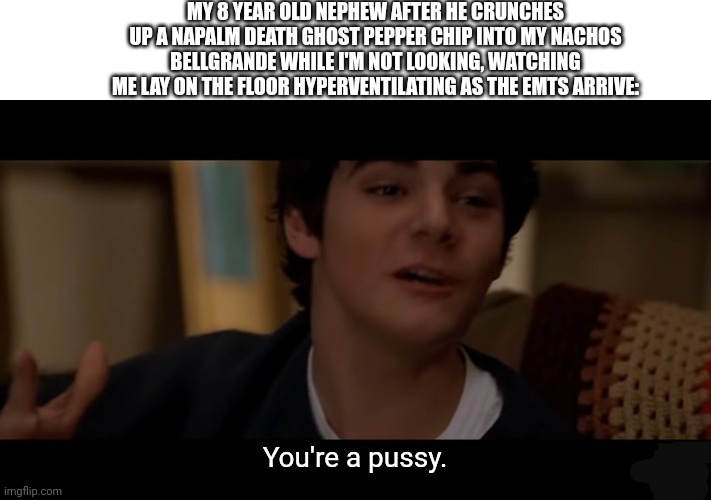 MY 8 YEAR OLD NEPHEW AFTER HE CRUNCHES UP A NAPALM DEATH GHOST PEPPER CHIP INTO MY NACHOS BELLGRANDE WHILE I'M NOT LOOKING, WATCHING ME LAY ON THE FLOOR HYPERVENTILATING AS THE EMTS ARRIVE:; You're a pussy. | made w/ Imgflip meme maker