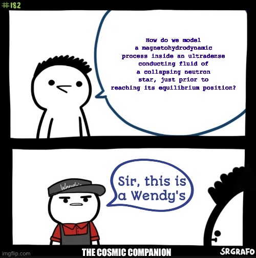 Astrophysics for Lunch | How do we model a magnetohydrodynamic process inside an ultradense conducting fluid of a collapsing neutron star, just prior to reaching its equilibrium position? THE COSMIC COMPANION | image tagged in sir this is a wendy's | made w/ Imgflip meme maker