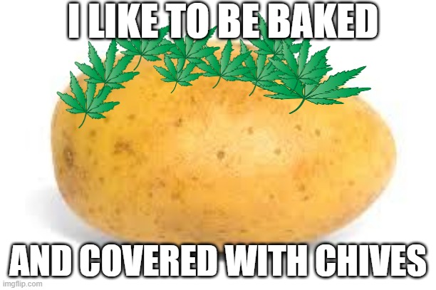 Potato | I LIKE TO BE BAKED; AND COVERED WITH CHIVES | image tagged in potato | made w/ Imgflip meme maker