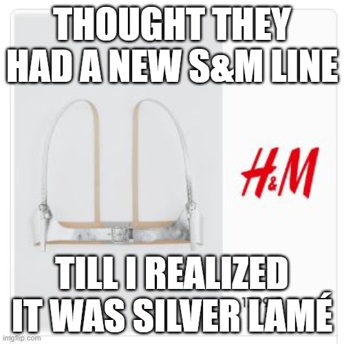 H & M bondage line | THOUGHT THEY HAD A NEW S&M LINE; TILL I REALIZED IT WAS SILVER LAMÉ | image tagged in bondage,kinky,sadism | made w/ Imgflip meme maker