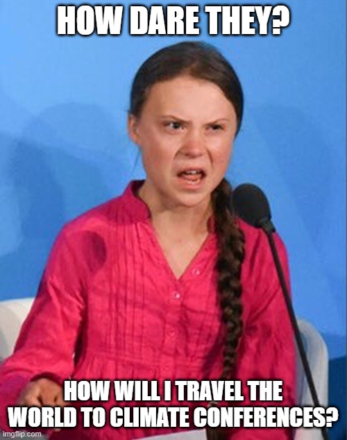 Greta Thunberg how dare you | HOW DARE THEY? HOW WILL I TRAVEL THE WORLD TO CLIMATE CONFERENCES? | image tagged in greta thunberg how dare you | made w/ Imgflip meme maker