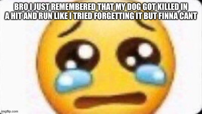BRO I JUST REMEMBERED THAT MY DOG GOT KILLED IN A HIT AND RUN LIKE I TRIED FORGETTING IT BUT FINNA CAN’T | made w/ Imgflip meme maker