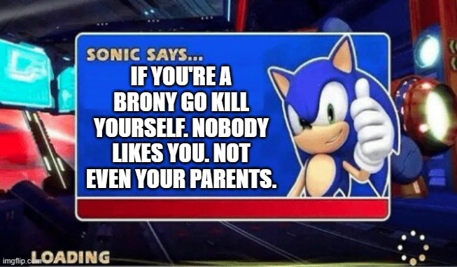 brony is crap | IF YOU'RE A BRONY GO KILL YOURSELF. NOBODY LIKES YOU. NOT EVEN YOUR PARENTS. | image tagged in sonic says,brony,my little pony | made w/ Imgflip meme maker