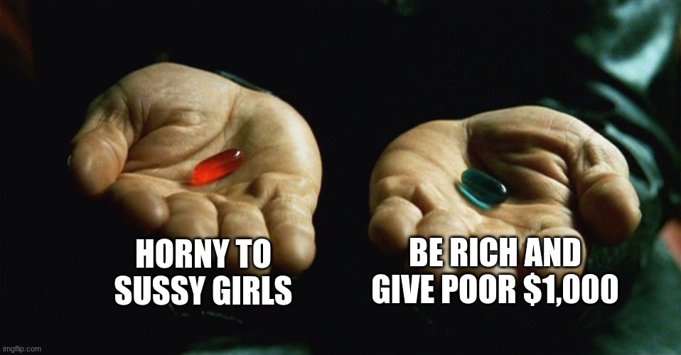 Red pill blue pill | HORNY TO SUSSY GIRLS; BE RICH AND GIVE POOR $1,000 | image tagged in red pill blue pill | made w/ Imgflip meme maker