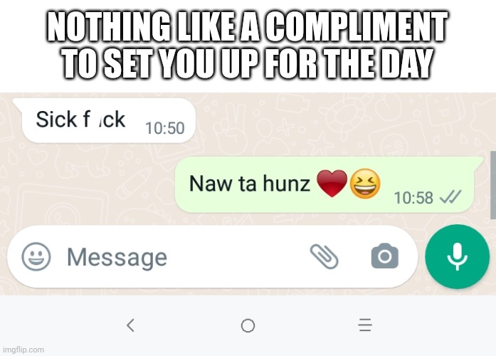 Bro compliments hit different | NOTHING LIKE A COMPLIMENT TO SET YOU UP FOR THE DAY | image tagged in bros,sick,wrong,friends,bromance,good day | made w/ Imgflip meme maker