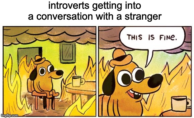 This Is Fine | introverts getting into a conversation with a stranger | image tagged in memes,this is fine | made w/ Imgflip meme maker