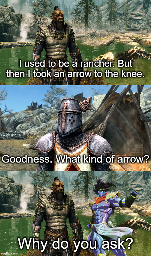 oh no. | I used to be a rancher. But then I took an arrow to the knee. Goodness. What kind of arrow? Why do you ask? | image tagged in skyrim,arrow to the knee,jojo | made w/ Imgflip meme maker