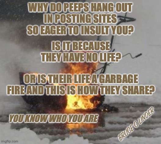 Garbage Fire | WHY DO PEEPS HANG OUT
 IN POSTING SITES 
SO EAGER TO INSULT YOU? IS IT BECAUSE THEY HAVE NO LIFE? OR IS THEIR LIFE A GARBAGE FIRE AND THIS IS HOW THEY SHARE? YOU KNOW WHO YOU ARE; BRUCE C LINDER | image tagged in social media,anti-social media,garbage fires | made w/ Imgflip meme maker