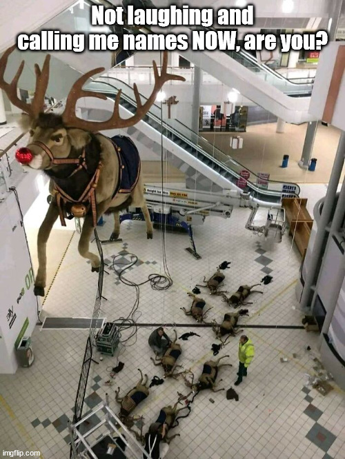Rudolph's Revenge | Not laughing and calling me names NOW, are you? | image tagged in santa,reindeer,rudolph | made w/ Imgflip meme maker