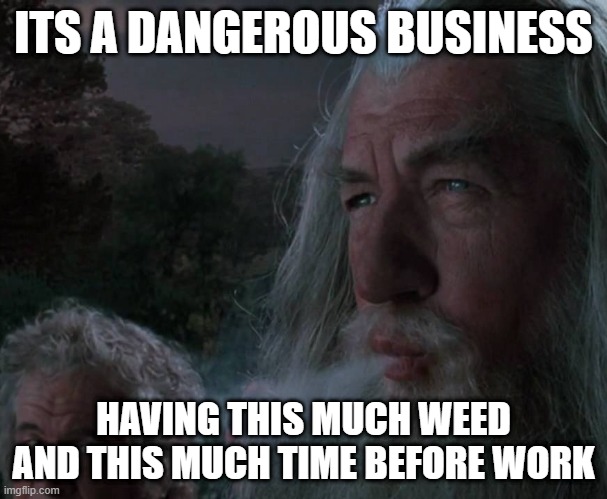 dangerous business | ITS A DANGEROUS BUSINESS; HAVING THIS MUCH WEED AND THIS MUCH TIME BEFORE WORK | image tagged in first world stoner problems,gandalf | made w/ Imgflip meme maker