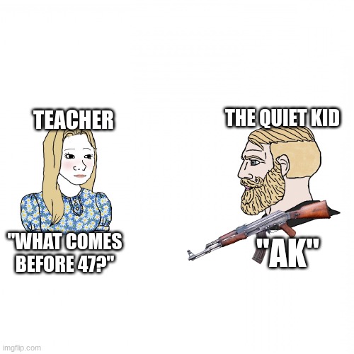 lol | THE QUIET KID; TEACHER; "WHAT COMES BEFORE 47?"; "AK" | image tagged in trad girl and yes chad | made w/ Imgflip meme maker