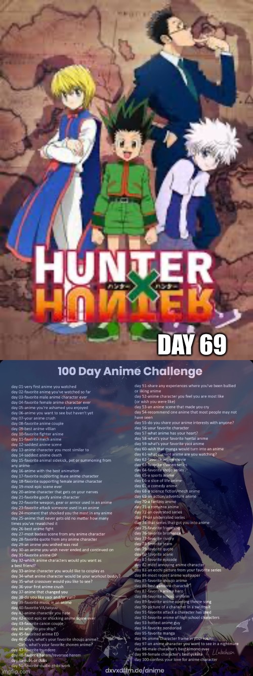 I’m backk (after 2 months | DAY 69 | image tagged in 100 day anime challenge,hunter x hunter | made w/ Imgflip meme maker