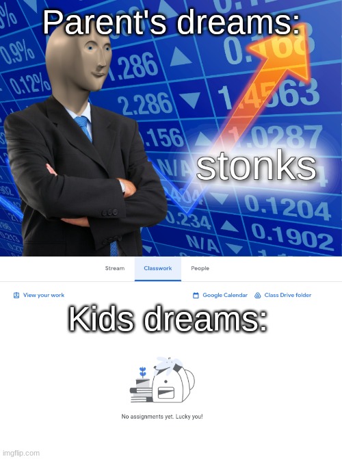 Very creative title | Parent's dreams:; Kids dreams: | image tagged in stonks | made w/ Imgflip meme maker