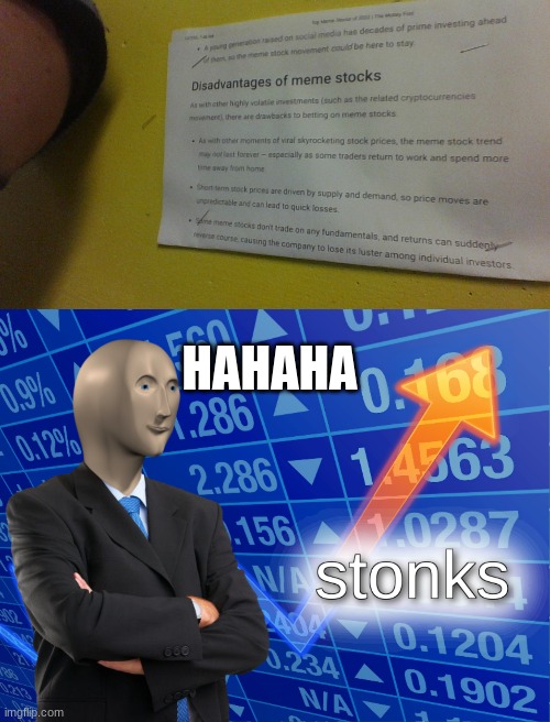 Disadvantages of meme stonks | HAHAHA | image tagged in stonks,memes | made w/ Imgflip meme maker