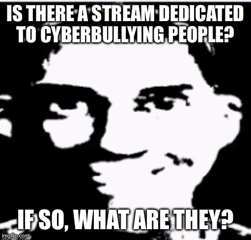 Asking for reasons beyond your comprehension | IS THERE A STREAM DEDICATED TO CYBERBULLYING PEOPLE? IF SO, WHAT ARE THEY? | made w/ Imgflip meme maker