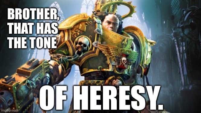 Space marine inquisitor heresy | BROTHER,
THAT HAS
THE TONE; OF HERESY. | image tagged in warhammer 40k,inquisitor,heresy,chaos,space marine | made w/ Imgflip meme maker