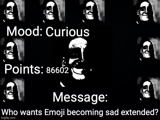Who wants another Emoji template? | Curious; 86602; Who wants Emoji becoming sad extended? | image tagged in justahappytrollonimgflip3 announcement template | made w/ Imgflip meme maker
