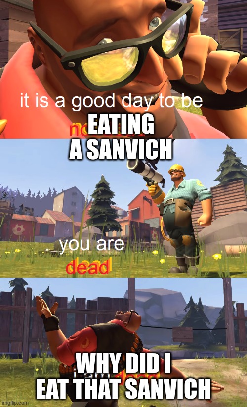Heavy is dead | EATING A SANVICH; WHY DID I EAT THAT SANVICH | image tagged in heavy is dead | made w/ Imgflip meme maker