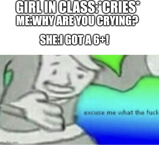 Happened twice in a row | GIRL IN CLASS:*CRIES*; ME:WHY ARE YOU CRYING? SHE:I GOT A 6+! | image tagged in excuse me wtf blank template | made w/ Imgflip meme maker