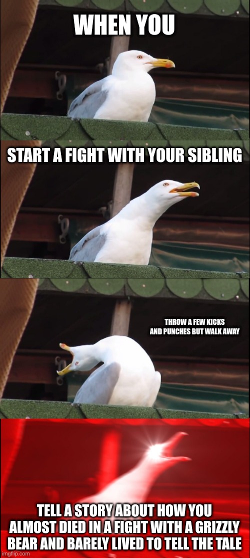 When You | Part 2 | WHEN YOU; START A FIGHT WITH YOUR SIBLING; THROW A FEW KICKS AND PUNCHES BUT WALK AWAY; TELL A STORY ABOUT HOW YOU ALMOST DIED IN A FIGHT WITH A GRIZZLY BEAR AND BARELY LIVED TO TELL THE TALE | image tagged in memes,inhaling seagull | made w/ Imgflip meme maker