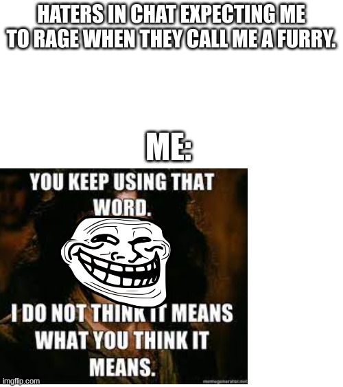 HATERS IN CHAT EXPECTING ME TO RAGE WHEN THEY CALL ME A FURRY. ME: | made w/ Imgflip meme maker