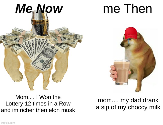 Me Now vs Me Then | Me Now; me Then; Mom.... I Won the Lottery 12 times in a Row and im richer then elon musk; mom.... my dad drank a sip of my choccy milk | image tagged in memes,buff doge vs cheems | made w/ Imgflip meme maker