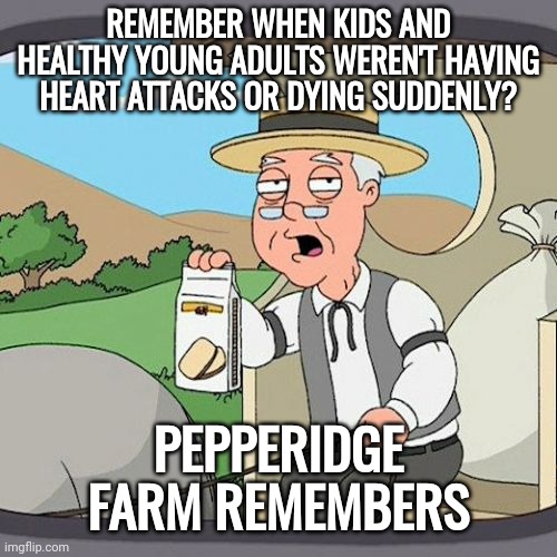 Just three years ago. | REMEMBER WHEN KIDS AND HEALTHY YOUNG ADULTS WEREN'T HAVING HEART ATTACKS OR DYING SUDDENLY? PEPPERIDGE FARM REMEMBERS | image tagged in memes,pepperidge farm remembers | made w/ Imgflip meme maker