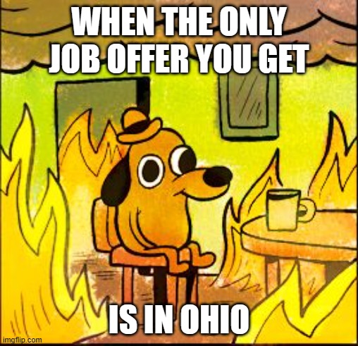 This is fine | WHEN THE ONLY JOB OFFER YOU GET; IS IN OHIO | image tagged in this is fine | made w/ Imgflip meme maker