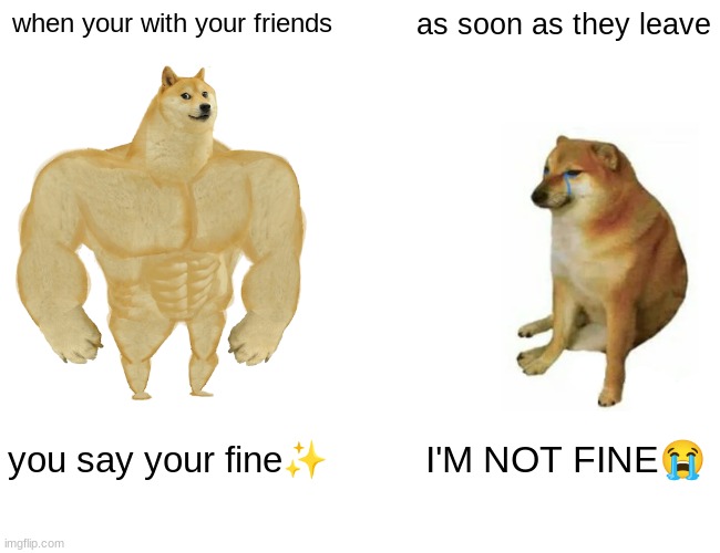 trying to hide your feelings | when your with your friends; as soon as they leave; you say your fine✨; I'M NOT FINE😭 | image tagged in memes,buff doge vs cheems | made w/ Imgflip meme maker