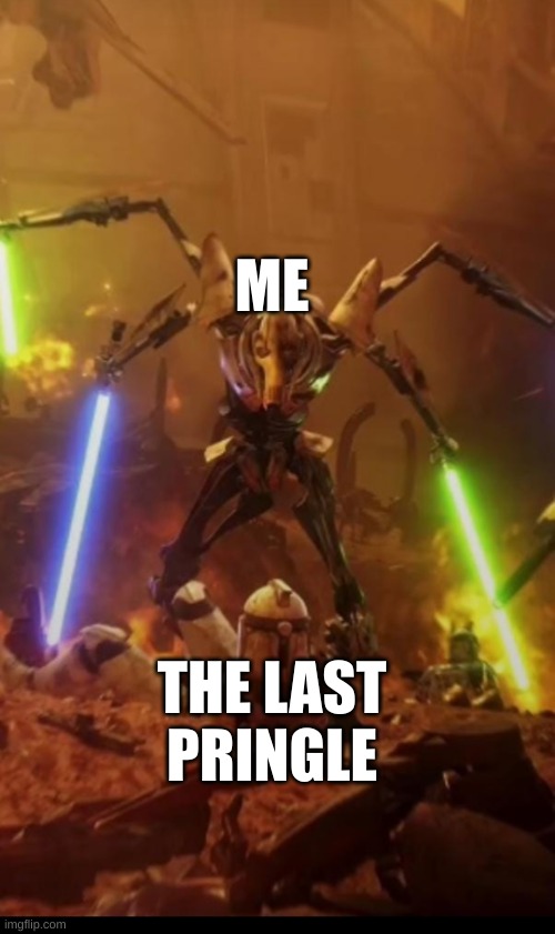 Grievous fighting a clone | ME; THE LAST PRINGLE | image tagged in grievous fighting a clone | made w/ Imgflip meme maker