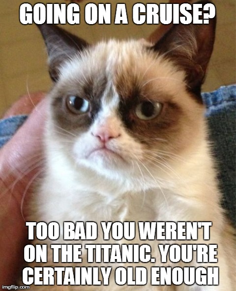 Grumpy Cat | GOING ON A CRUISE? TOO BAD YOU WEREN'T ON THE TITANIC. YOU'RE CERTAINLY OLD ENOUGH | image tagged in memes,grumpy cat | made w/ Imgflip meme maker