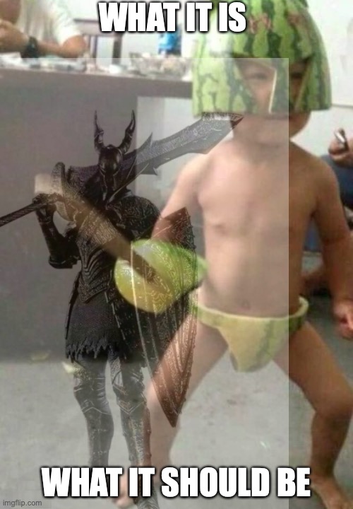 so this kid tried to replicate a dark souls knight with watermelon | WHAT IT IS; WHAT IT SHOULD BE | image tagged in funny,knights,gaming,china,lol | made w/ Imgflip meme maker