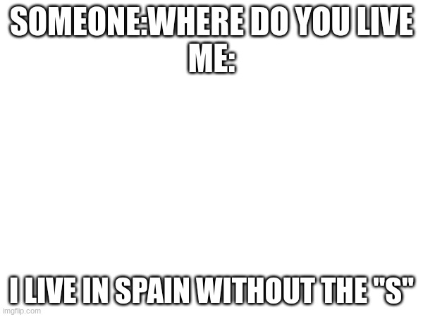 SOMEONE:WHERE DO YOU LIVE
ME:; I LIVE IN SPAIN WITHOUT THE "S" | made w/ Imgflip meme maker