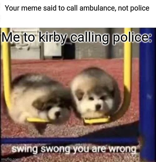 SWING SWONG YOU ARE WRONG | Your meme said to call ambulance, not police; Me to kirby calling police: | image tagged in swing swong you are wrong | made w/ Imgflip meme maker