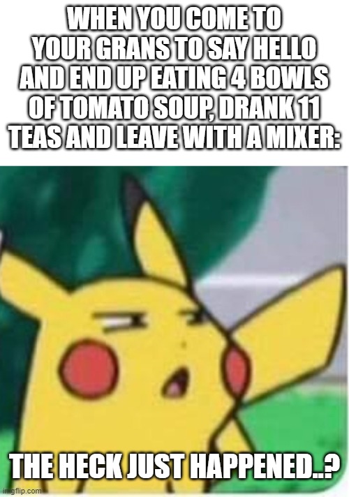 What? I only came to say hello, but ok | WHEN YOU COME TO YOUR GRANS TO SAY HELLO AND END UP EATING 4 BOWLS OF TOMATO SOUP, DRANK 11 TEAS AND LEAVE WITH A MIXER:; THE HECK JUST HAPPENED..? | image tagged in confused pikachu,grandma,visit | made w/ Imgflip meme maker