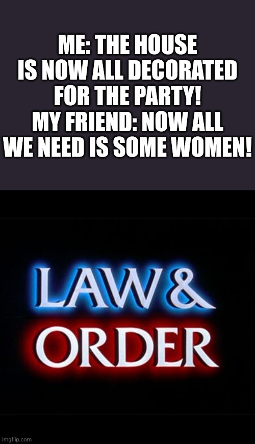 Ayo what the fu- | ME: THE HOUSE IS NOW ALL DECORATED FOR THE PARTY!
MY FRIEND: NOW ALL WE NEED IS SOME WOMEN! | image tagged in law and order | made w/ Imgflip meme maker