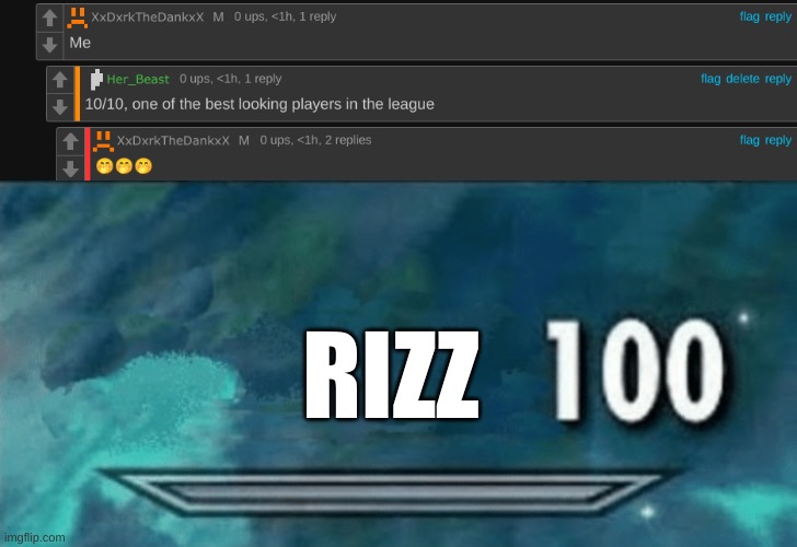RIZZ | image tagged in skyrim skill 100 blank fixed textbox | made w/ Imgflip meme maker