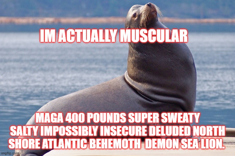 IM ACTUALLY MUSCULAR; MAGA 400 POUNDS SUPER SWEATY SALTY IMPOSSIBLY INSECURE DELUDED NORTH SHORE ATLANTIC BEHEMOTH  DEMON SEA LION. | made w/ Imgflip meme maker