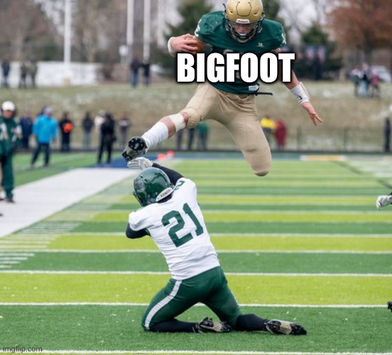 Football Player Cowering | BIGFOOT | image tagged in football player cowering | made w/ Imgflip meme maker