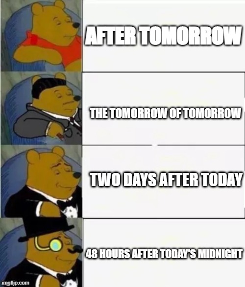 How to say after tomorrow | AFTER TOMORROW; THE TOMORROW OF TOMORROW; TWO DAYS AFTER TODAY; 48 HOURS AFTER TODAY'S MIDNIGHT | image tagged in winnie the pooh ultimate | made w/ Imgflip meme maker
