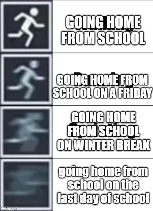going home from school | GOING HOME FROM SCHOOL; GOING HOME FROM SCHOOL ON A FRIDAY; GOING HOME FROM SCHOOL ON WINTER BREAK; going home from school on the last day of school | image tagged in very fast | made w/ Imgflip meme maker
