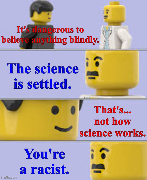 It's dangerous to believe anything blindly... | It's dangerous to believe anything blindly. The science is settled. That's... not how science works. You're a racist. | image tagged in lego doctor meme,blind faith,settled science,skeptical,science,racist | made w/ Imgflip meme maker