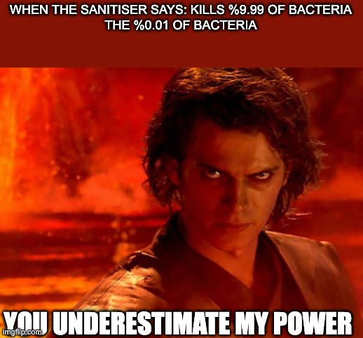 You Underestimate My Power Meme | WHEN THE SANITISER SAYS: KILLS %9.99 OF BACTERIA
THE %0.01 OF BACTERIA; YOU UNDERESTIMATE MY POWER | image tagged in memes,you underestimate my power | made w/ Imgflip meme maker