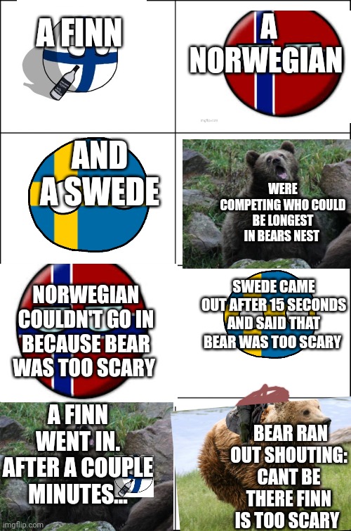 Old finnish joke. I love these.? | A FINN; A NORWEGIAN; AND A SWEDE; WERE COMPETING WHO COULD BE LONGEST IN BEARS NEST; SWEDE CAME OUT AFTER 15 SECONDS AND SAID THAT BEAR WAS TOO SCARY; NORWEGIAN COULDN'T GO IN BECAUSE BEAR WAS TOO SCARY; A FINN WENT IN. AFTER A COUPLE MINUTES... BEAR RAN OUT SHOUTING: CANT BE THERE FINN IS TOO SCARY | image tagged in eight panel rage comic maker | made w/ Imgflip meme maker