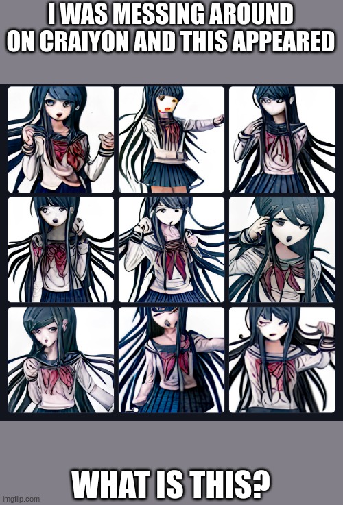 eldritch horror sayaka | I WAS MESSING AROUND ON CRAIYON AND THIS APPEARED; WHAT IS THIS? | image tagged in sayaka maizono,danganronpa,oh wow are you actually reading these tags | made w/ Imgflip meme maker