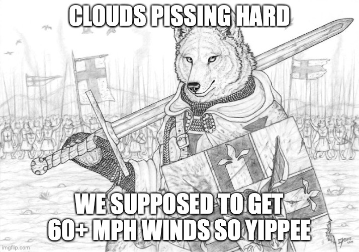 Fursader. | CLOUDS PISSING HARD; WE SUPPOSED TO GET 60+ MPH WINDS SO YIPPEE | image tagged in fursader | made w/ Imgflip meme maker