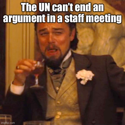 Laughing Leo Meme | The UN can’t end an argument in a staff meeting | image tagged in memes,laughing leo | made w/ Imgflip meme maker